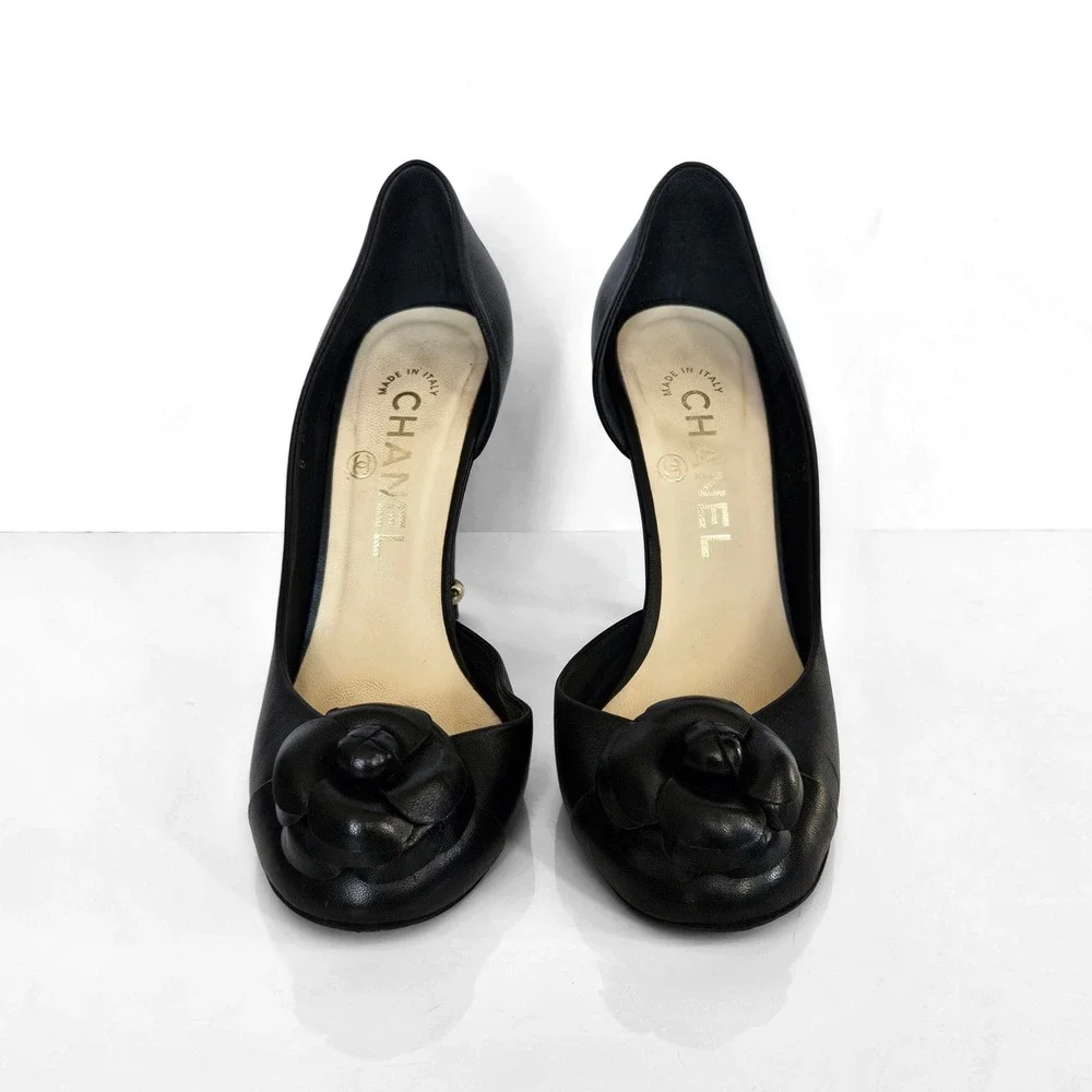 Chanel Black Leather Camellia‎ Half-d'Orsay Pumps 3D Floral Size 37